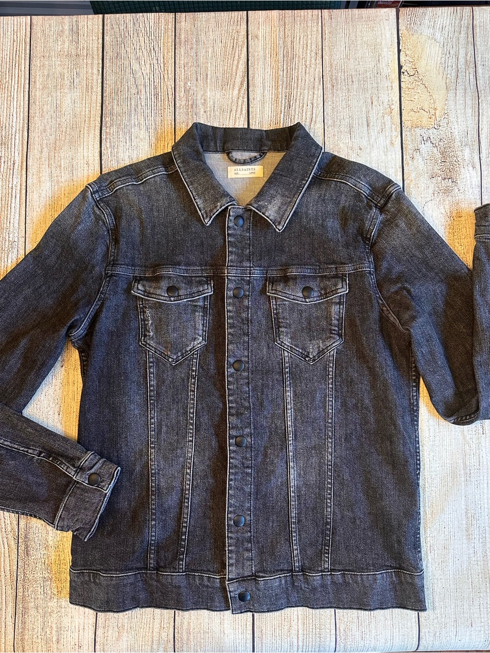 AllSaints Men’s Distressed Black Denim Trucker Jacket L